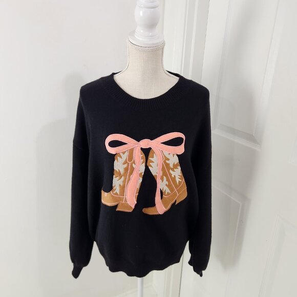 Threaded Leaf Sweater L Black Cowgirl Boots Big Pink Bow Western Rodeo Party - Picture 15 of 15